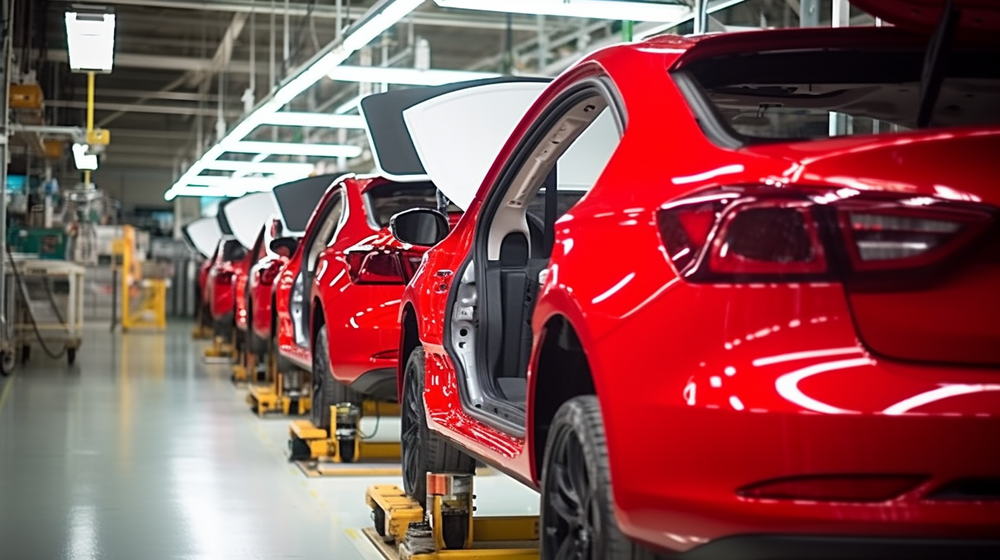 干净明亮的汽车工厂里组装红色汽车